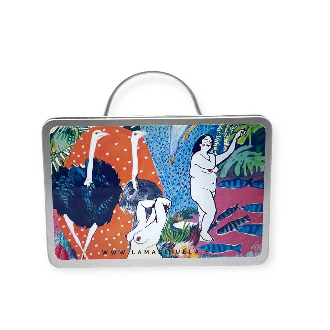 Travel soap box in the shape of a suitcase. Illustrated by Laura Privado