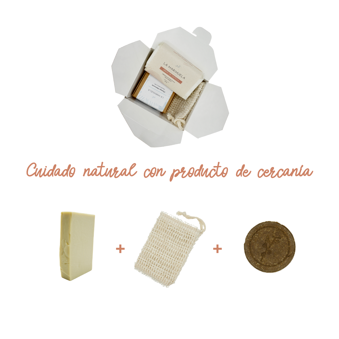 Pack de ducha natural y ecológico (jabón ducha + champú sólido + bolsa de sisal)