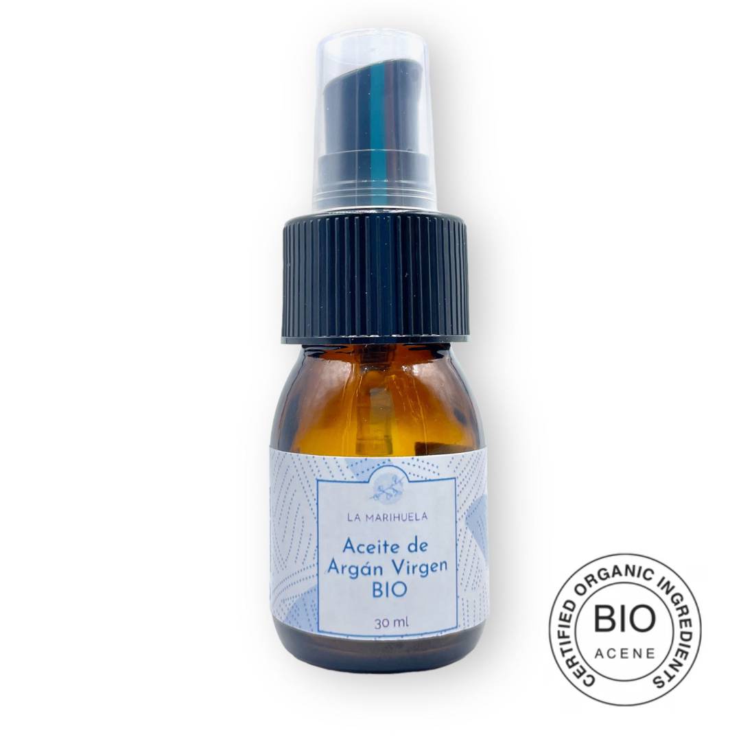 Botella de Aceite de Argán Orgánico. "Botella de Aceite de Argán Orgánico, producto natural y sostenible para el cuidado de la piel y el cabello".