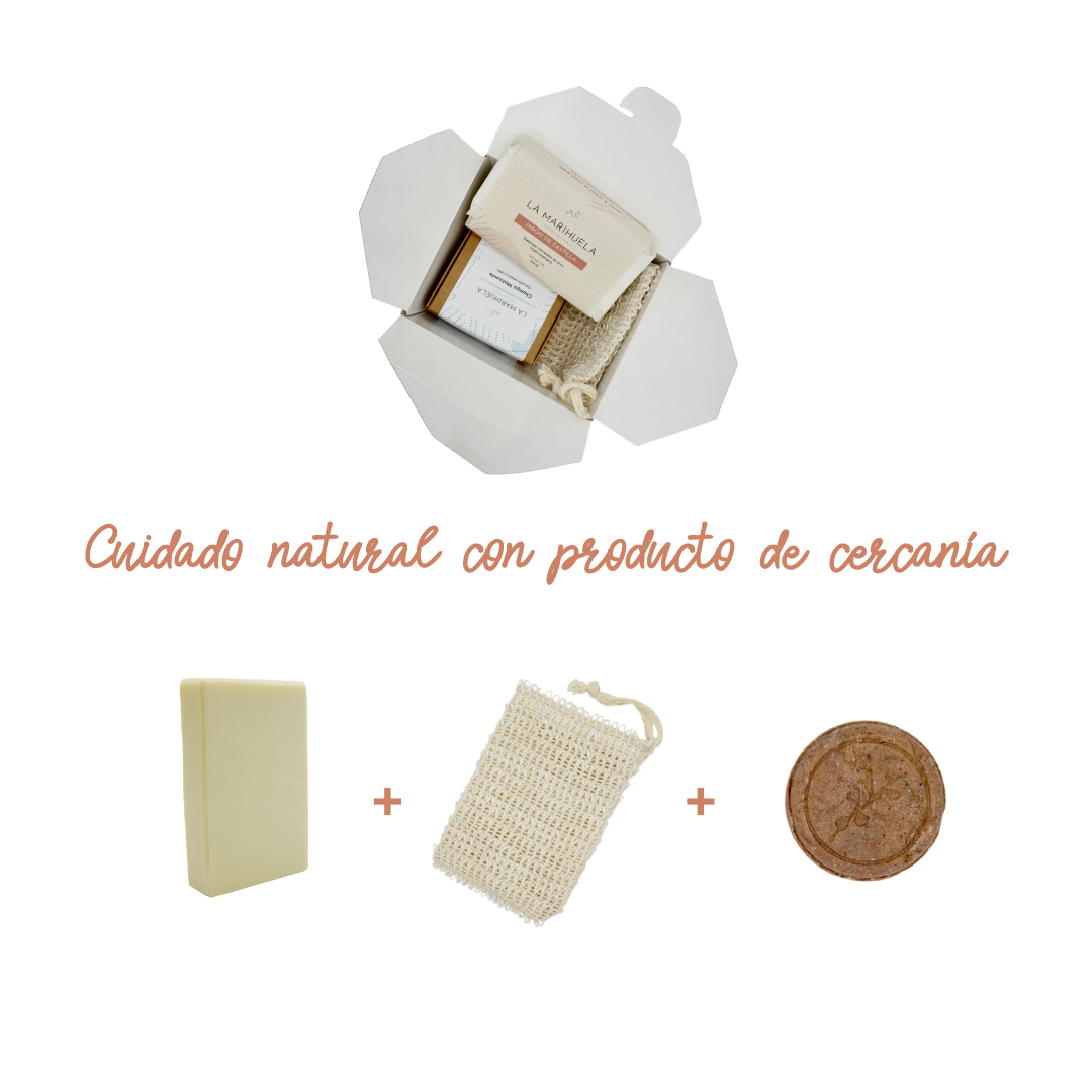 Pack de ducha natural y ecológico (jabón ducha + champú sólido + bolsa de sisal)