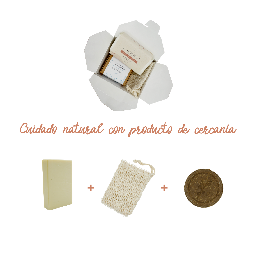 Pack de ducha natural y ecológico (jabón ducha + champú sólido + bolsa de sisal)